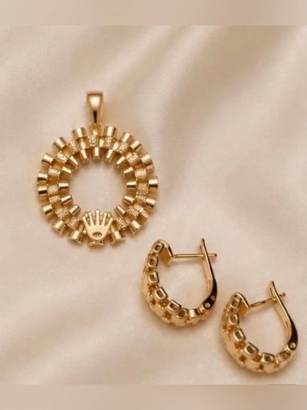 Anthropologie Gold-Tone Circular Pendant, Ring & Hoop Set